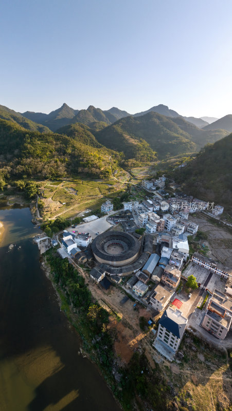 广东梅州永定客家土楼群建筑花萼楼高空航拍