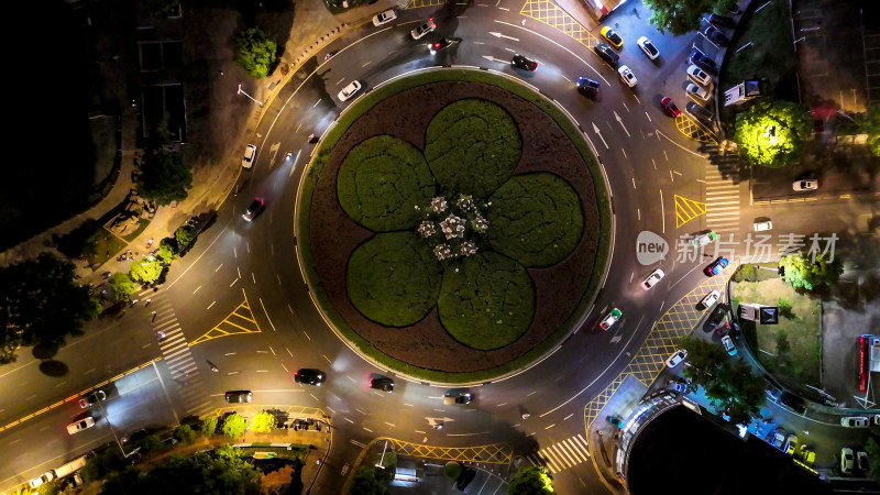 俯拍九江城市圆形交通转盘夜景