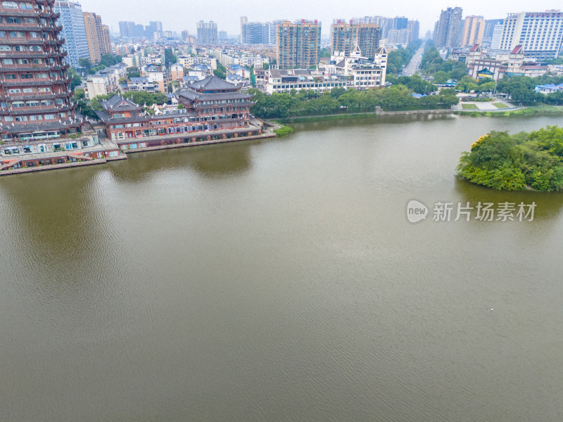 眉山远景楼河流周边风景航拍图