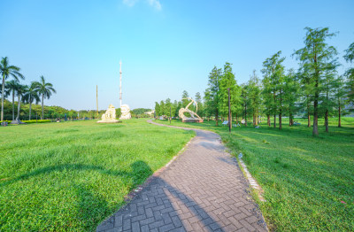 广州大学城露营地草坪树林雕塑公园