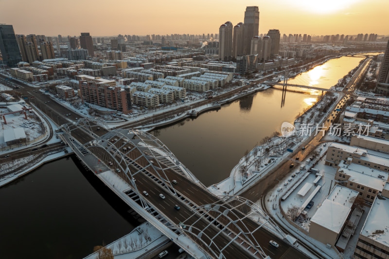 天津海河直沽桥小白楼商圈城市建筑雪景风光