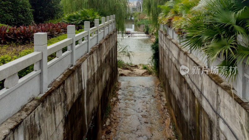 城市中绿植环绕的河道景观