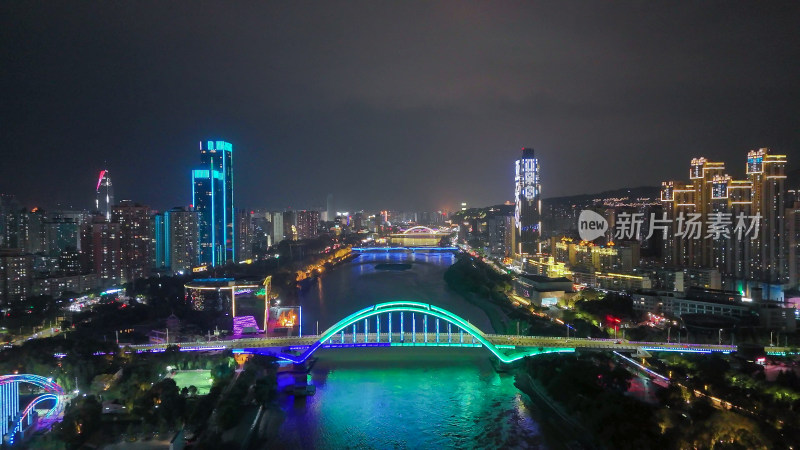 甘肃兰州金雁黄河大桥夜景航拍