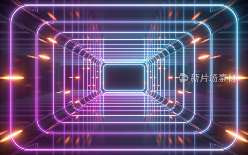 黑色背景下的隧道与霓虹线条 3D渲染