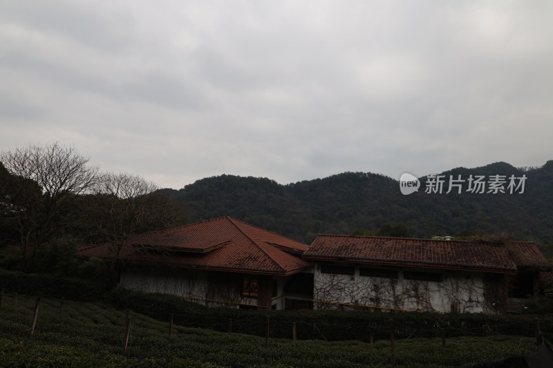 山间红瓦白墙房屋风景