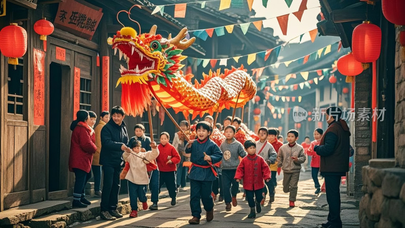 街头人群舞龙喜庆场景二月二龙抬头民俗活动