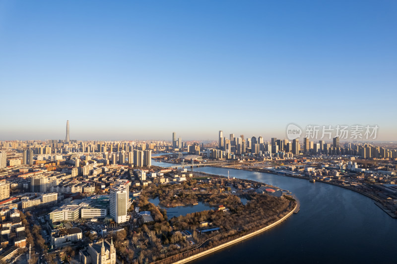 天津滨海新区海河塘沽湾城市风光航拍