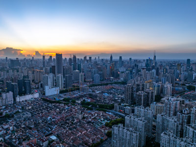 航拍上海浦西CBD高楼群夜景亮化