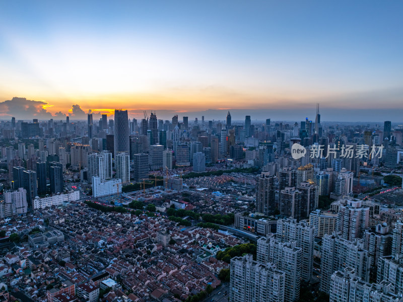 航拍上海浦西CBD高楼群夜景亮化