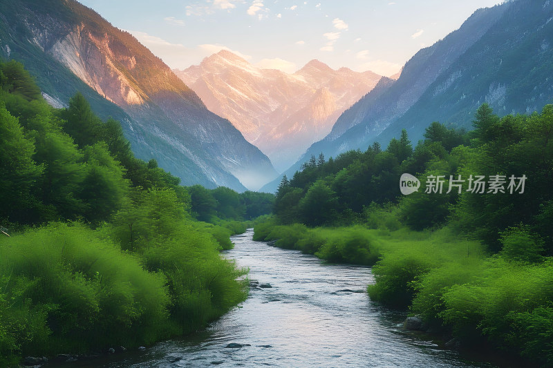 河流树木山峰天空风景