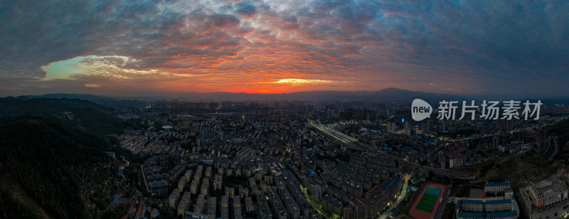 怀化城市清晨航日出彩霞航拍全景图