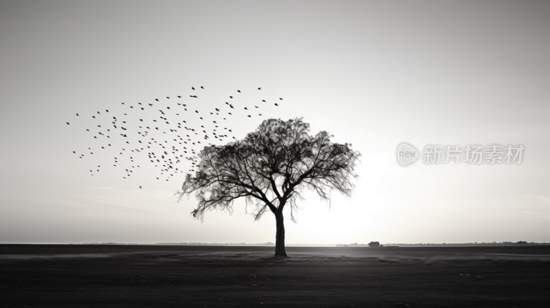 孤树映群鸟黑白画中思无垠宁静和谐广阔天地