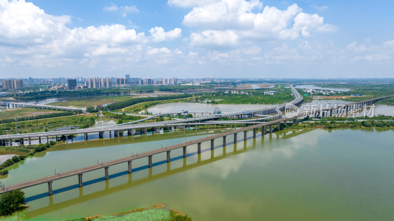 武汉城市中跨河桥梁与周边环境的航拍景象