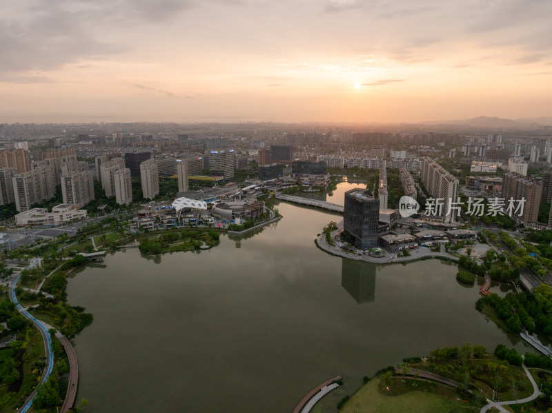 浙江宁波镇海庄市同心湖航拍景色