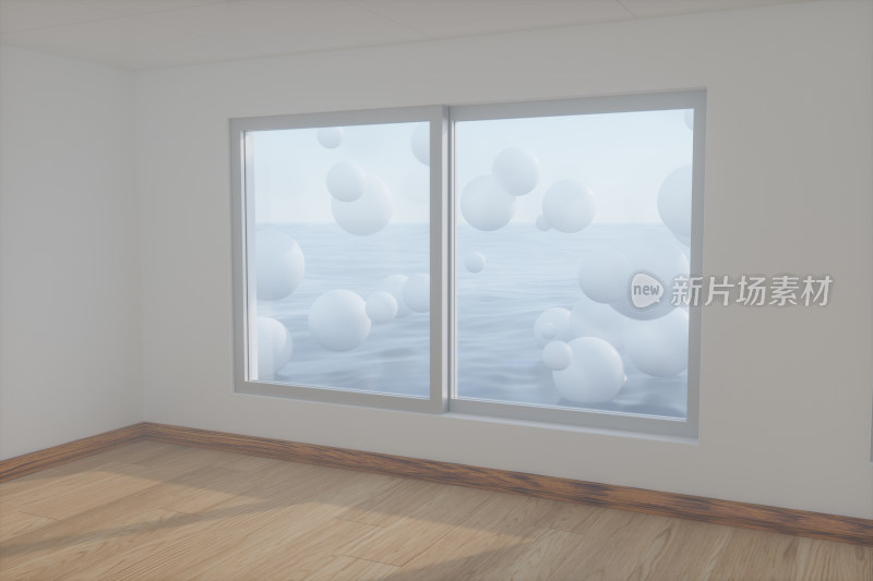空房间与窗外的水面上悬浮的球体 三维渲染