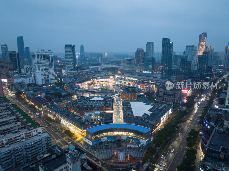 浙江宁波CBD城市光影日出夜景高空航拍