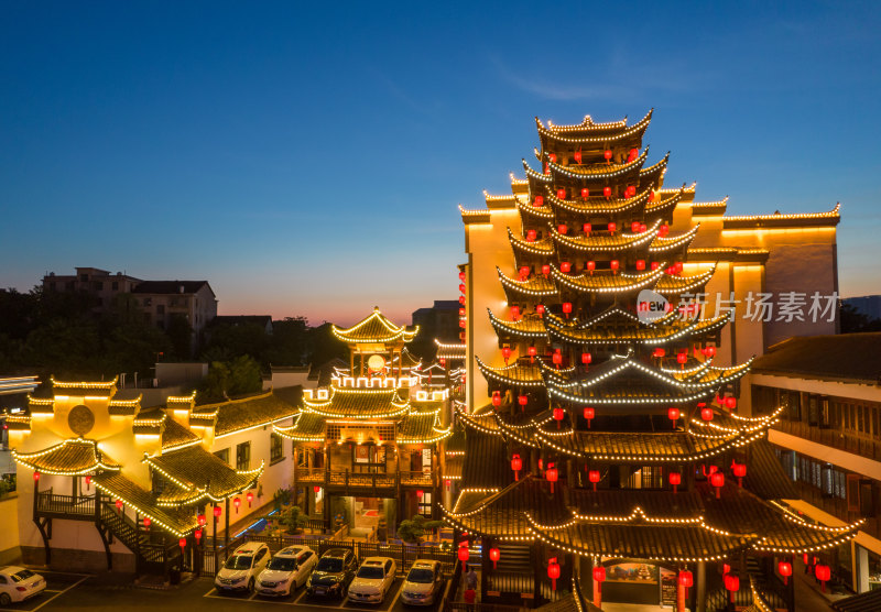 航拍湖南衡阳衡洲府民俗文化村古建筑夜景