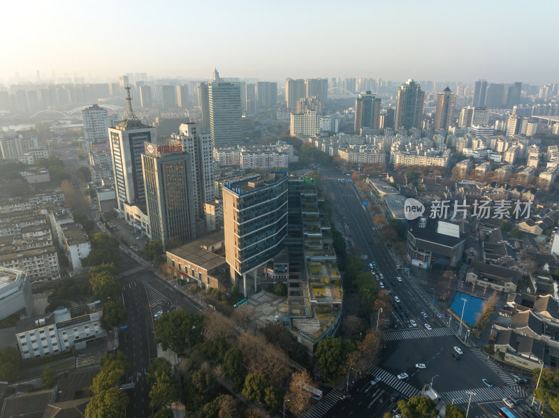 浙江宁波CBD城市光影日出夜景高空航拍