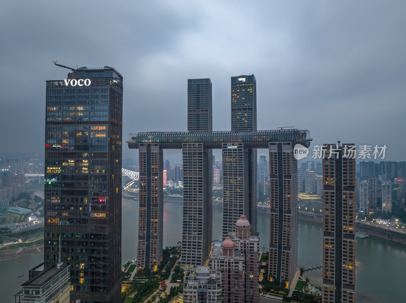 重庆朝天门来福士办公楼商场日落夜景航拍