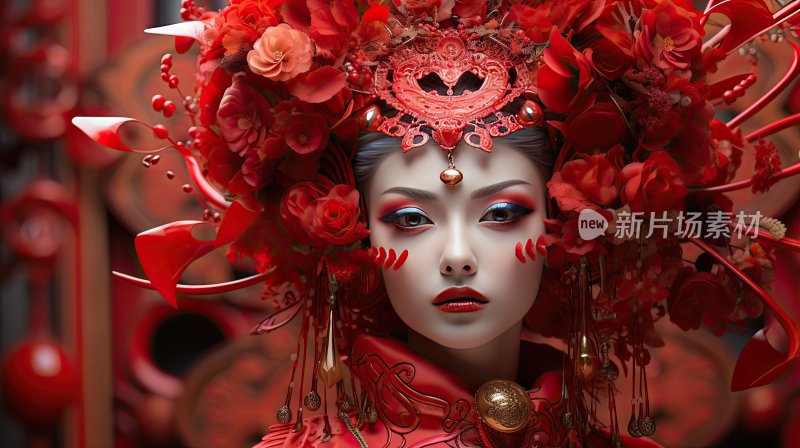 人物概念插图，穿着红色礼服的中国女性
