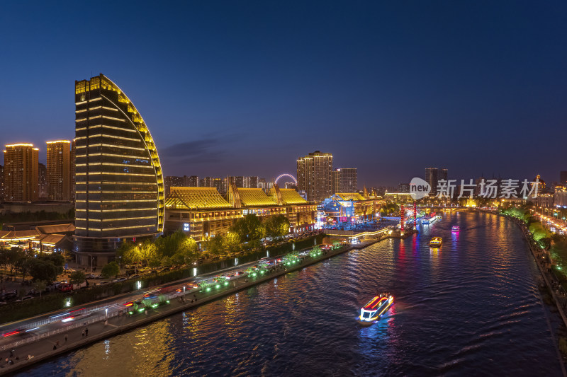 天津海河古文化街码头城市风光夜景航拍