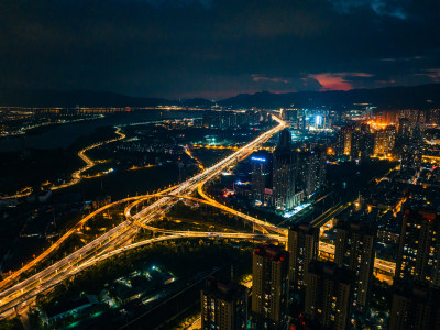 云南昆明西山区明波立交桥夜景城市航拍晚霞