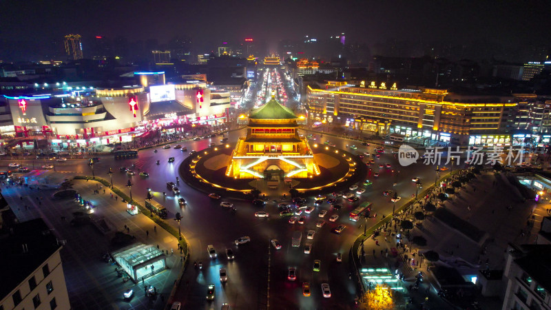 西安钟楼地标夜景航拍图