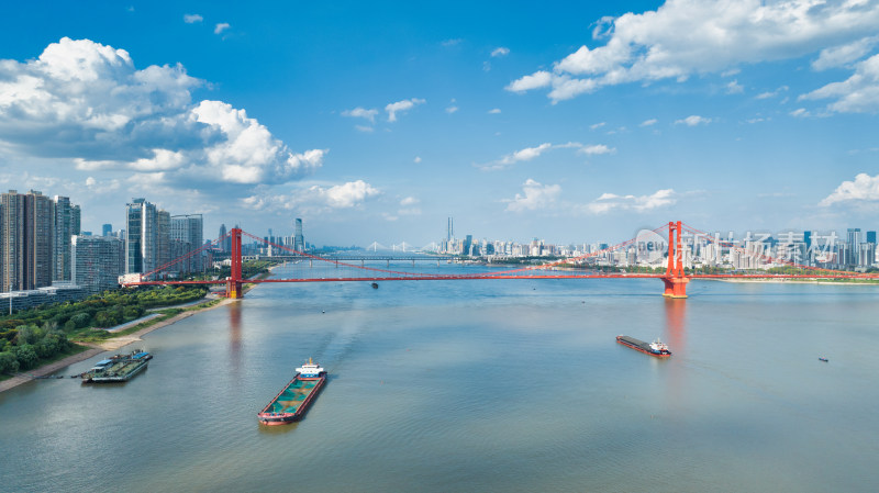 武汉鹦鹉洲长江大桥与长江航运船只