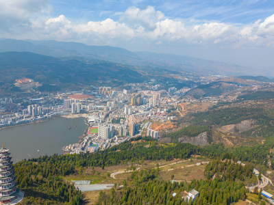 航拍云南红河州个旧市城市风光