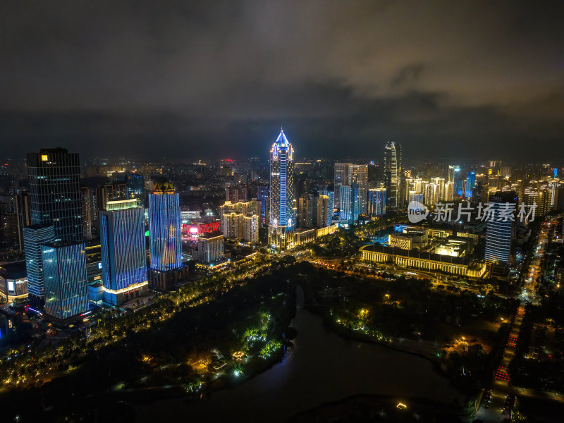 海南海口海滨新城城市车水马龙夜景灯光航拍