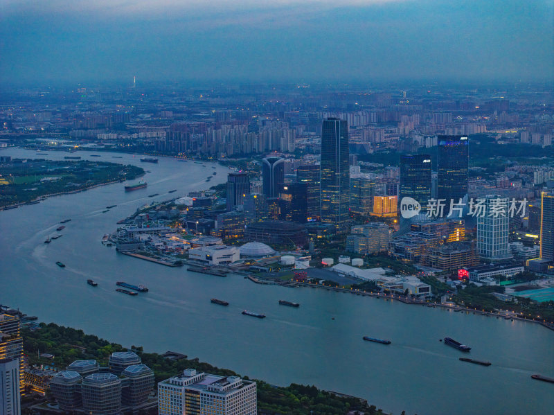 航拍上海城市夜景卢浦大桥世博园