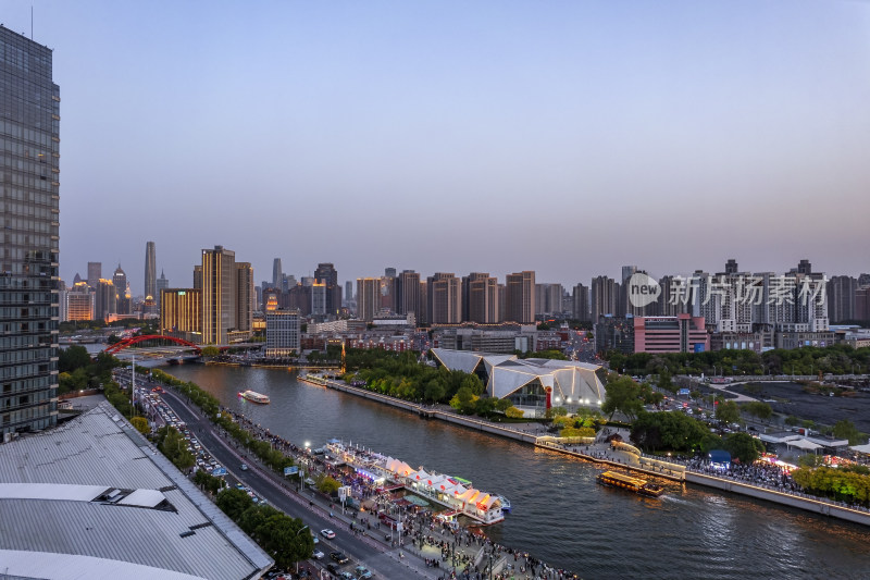 天津永乐码头城市风光夜景航拍