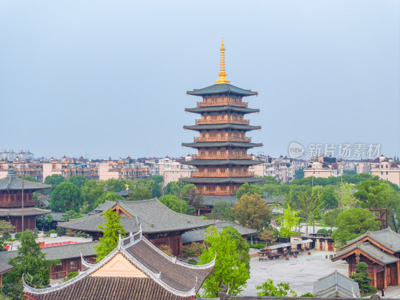 航拍上海宝山寺佛教寺院自然风光