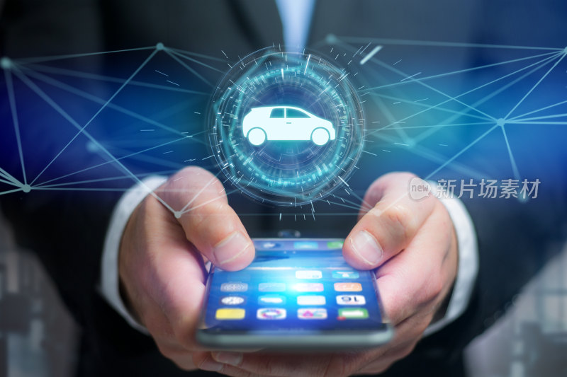 商务人士手持手机与汽车虚拟图像