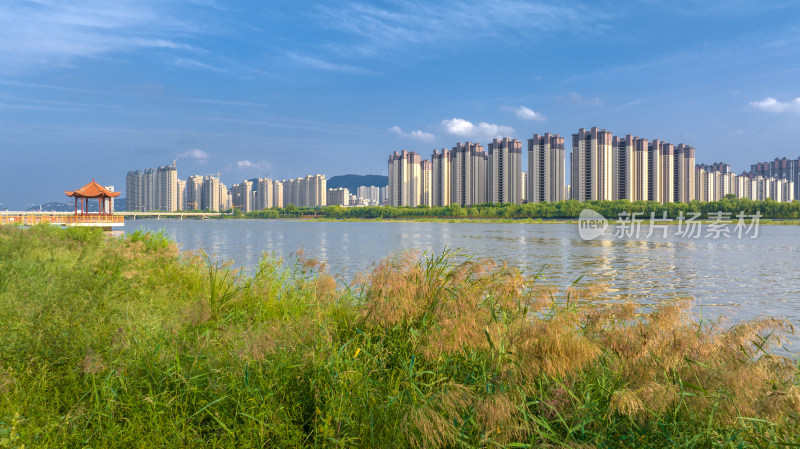 城市天际线楼房居住生态环境河流天空全景图