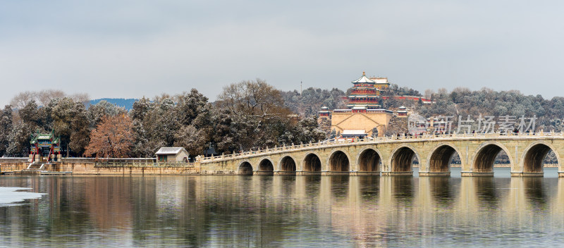 北京颐和园十七孔桥南湖岛佛香阁同框雪景