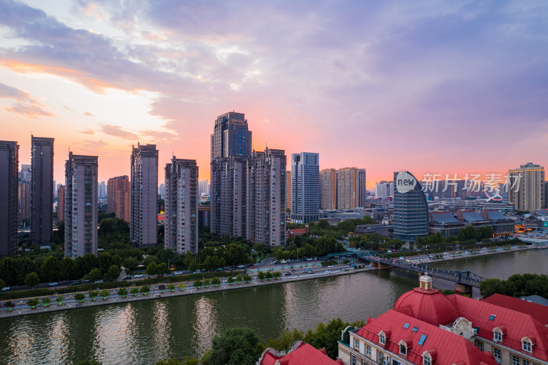 天津海河风景奥式风情区城市日落风光航拍