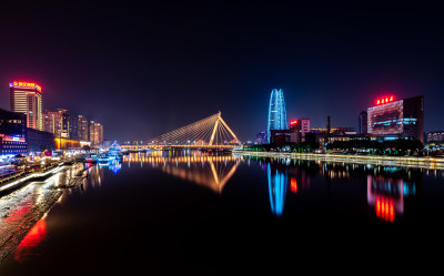 浙江宁波老外滩三江口夜景夜色城市建筑景观