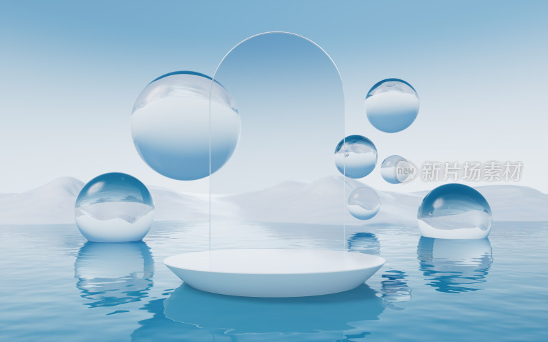 水面与球体超现实背景3D渲染