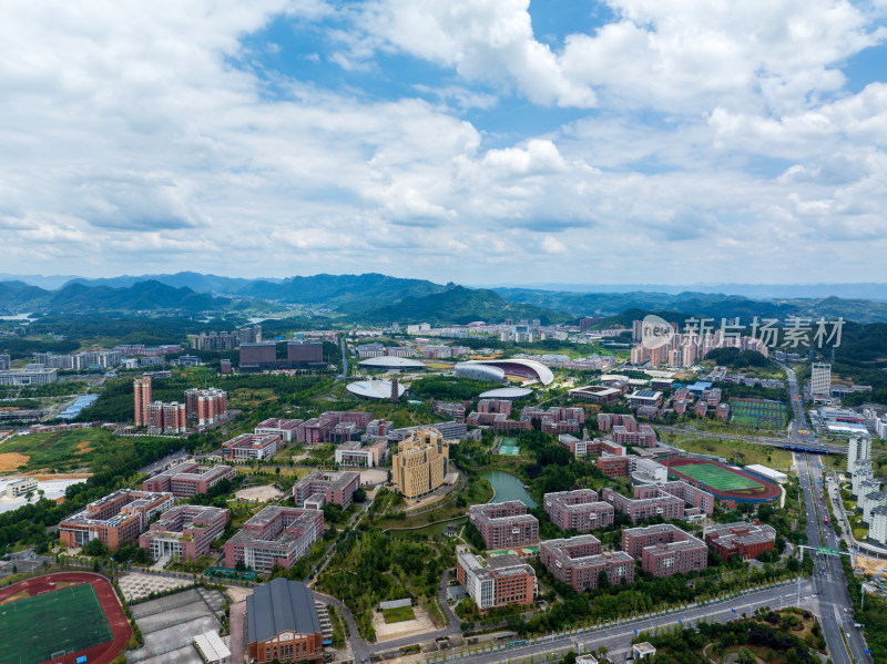 航拍白天贵州遵义市新蒲新区奥体中心体育馆