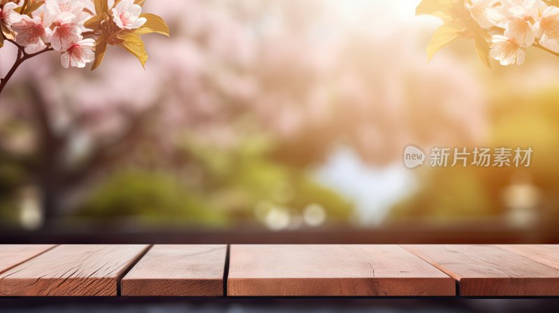木质桌面和模糊的樱花背景