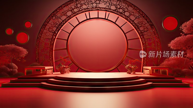 3D中式场景，红色喜庆电商产品展台