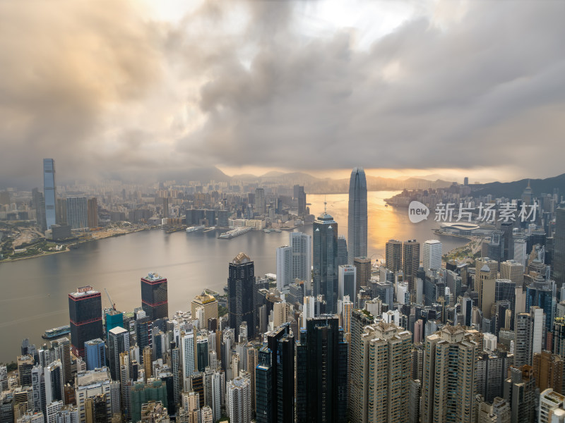 香港维多利亚港CBD中环夜景日出高空航拍