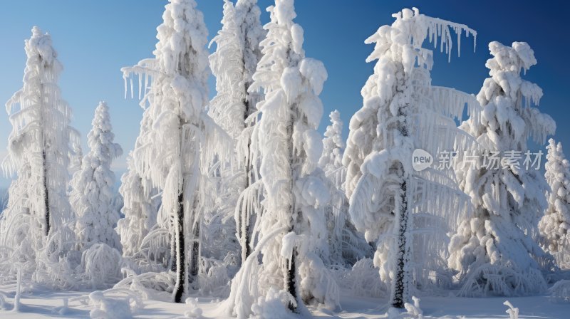 冬季雪山林中被冰雪覆盖着的树