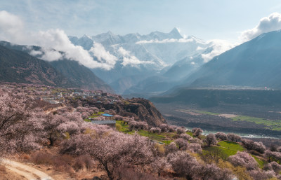 春天桃花盛开的雅鲁藏布大峡谷和南迦巴瓦峰