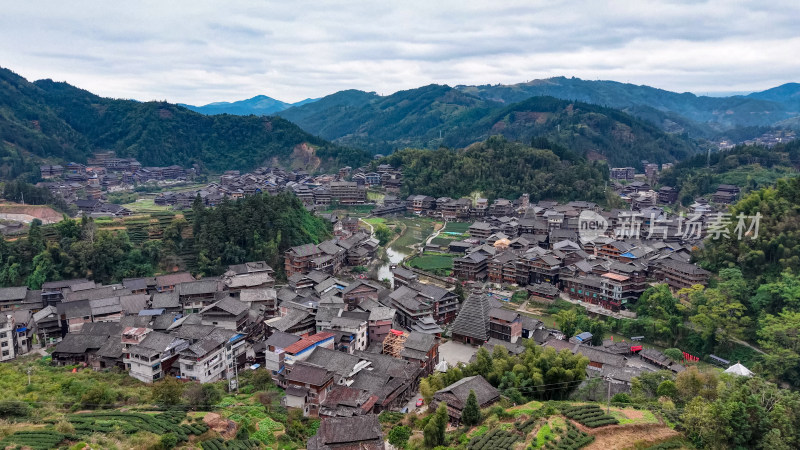 侗族特色建筑程阳八寨风景航拍图