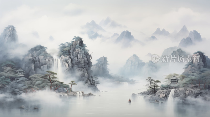 云雾缭绕的山水景观图