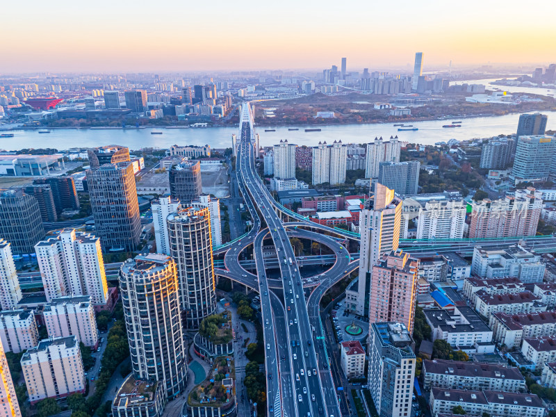 航拍上海鲁班路立交桥日落