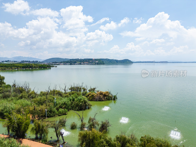 航拍昆明滇池捞鱼河湿地公园景观