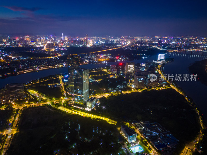 广州大学城生物岛日落夜景航拍